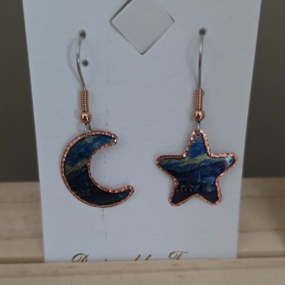 Blue and Gold Star and Moon Earrings
